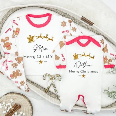 Personalisierter Gold Glitzer Schlitten Geschwister passender Lebkuchen Schlafanzug/Babyanzug