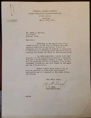 1941 Federal Works Agency WPA Letter Application for Street Project Wheeling WV