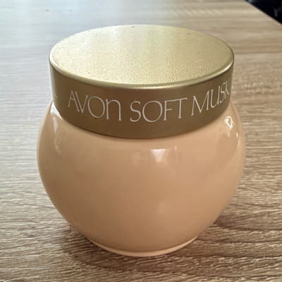 Vintage Avon Soft Musk Perfumed Skin Softener 5 oz Jar 1989 - 85% Full