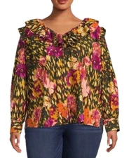 NEW Terra & Sky Top Women 1X 16W-18W Multicolor Long Sleeve Button Ruffle Blouse