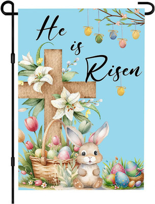 He Is Risen Easter Flag Double Sided Outdoor Decoration, Cross with Bunnies and