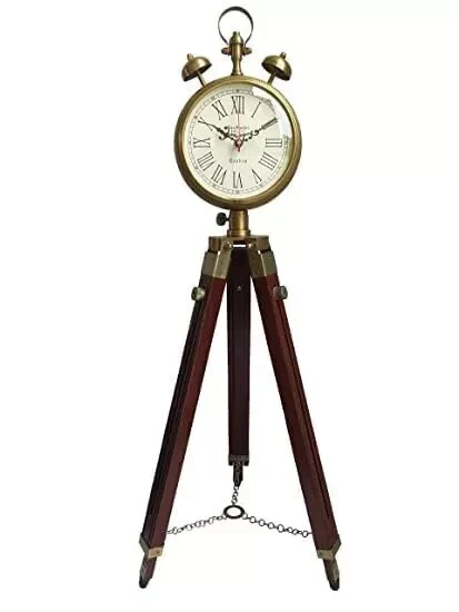 Wooden and Brass Antique Metal Tripod Floor Clock with Stand Two Bell Prop Gift - Image 4 of 4