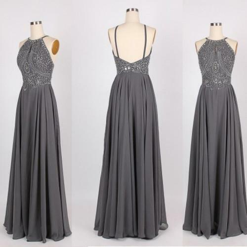 Gray Chiffon Halter Long Prom Dresses 