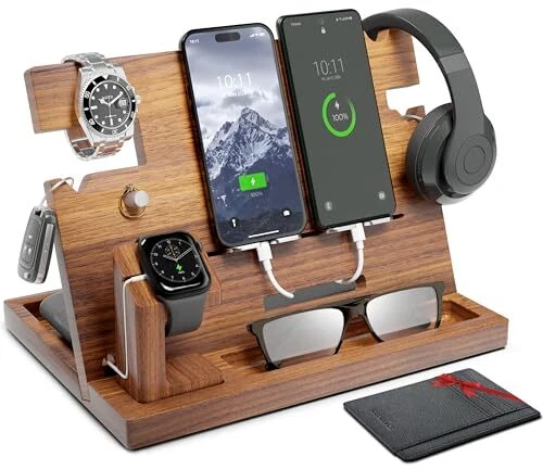 Wooden Docking Station Men Nightstand Organizer Bundle W/rfid Blocking Leather W