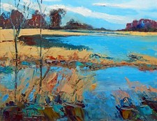 Pantano pantano agua beige azul paleta cuchillo paisaje impresionista pintura al óleo