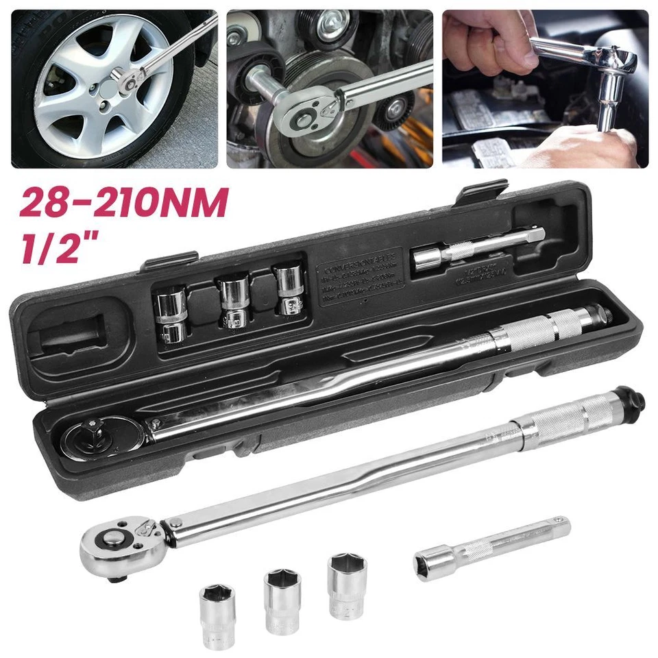 Ratcheting Torque Wrench 1/2" Square Drive 28-210Nm with Extension Bar & Sockets