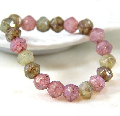 English Cut  8mm, Amber And Pink w/Etched  & Turquoise Wash, 20 Pcs
