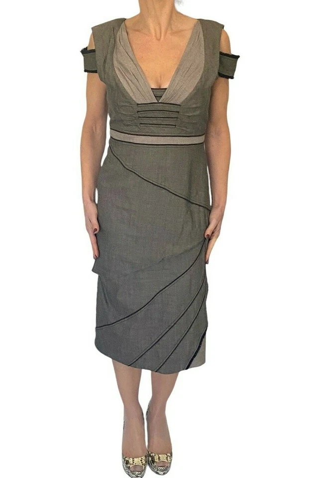 Vestido para mujer Zac Posen marrón lana hombro frío cuello en V midi talla 10 nuevo con etiquetas $1350 Foto 2 de 4