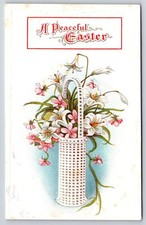 A Peaceful Easter~Basket Of Lily Flowers~Embossed~Made In USA~Vintage Postcard