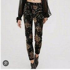 Free People Velvet Skinny Pant 2 Black Floral Print Retro Zip Pockets Mid Rise