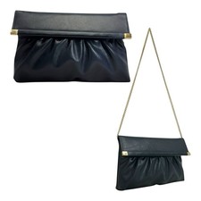 Vintage 70s 80s Clutch Bag Shoulder Handbag Chain Strap Ruched Classic NAVY BLUE
