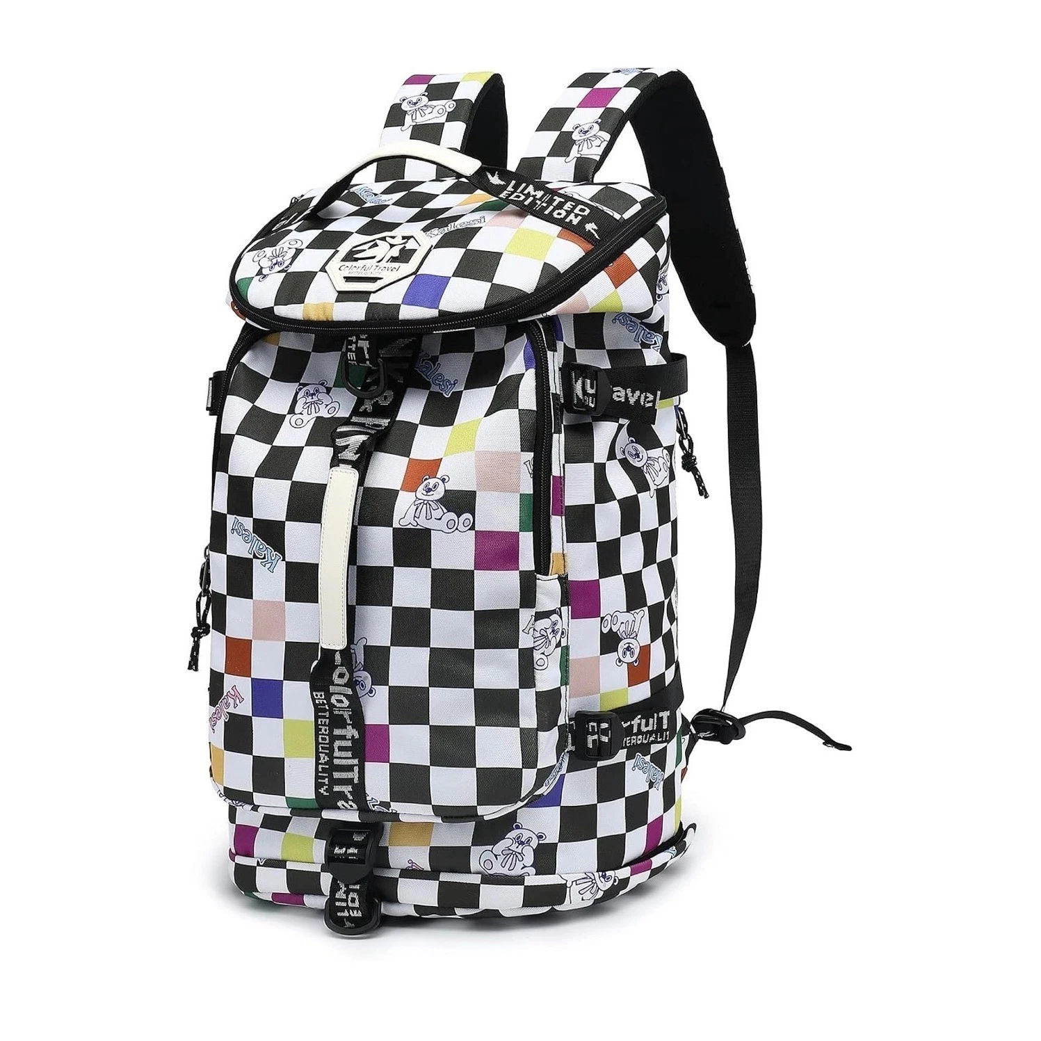 Kalesi Convertible Backpack Duffel Large Multicolor Checkered Teddy Bear 20in