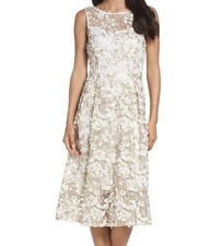 NWT $180 Adrianna Papell White Gold Floral Appliqué Midi Formal Dress Size 8