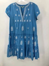 Samson Blue Size Medium Embroidered Shift Knee Length Short Sleeve Dress