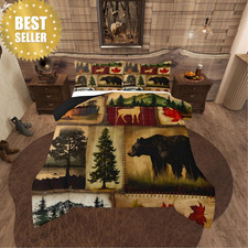 Rustic Farmhouse Comforter Set King Cabin Lodge Bear Deer Woodland Red Brown
