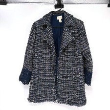 Chico's Tweed Jacket Womens 1 Blue Black Crochet Cuff Fringe Open Front Blazer