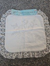 Vintage Nojae of Fairway Stamped 14x14 Hand Embroidery Pillow Top With Lace Trim