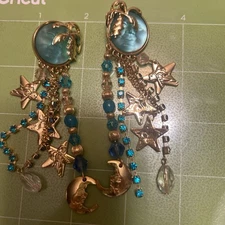 Signed Kirk’s Folly Blue Moon Earrings With Palm Trees Stars And Lots Of Sparkle