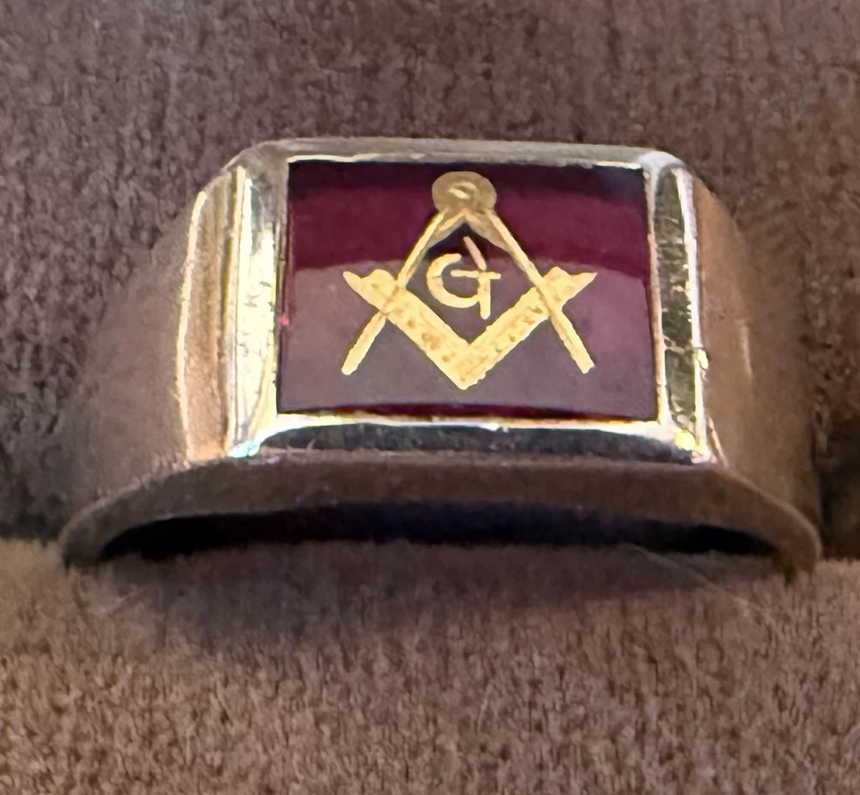 ANILLO MASÓNICO 10K Oro Amarillo Piedra Roja Talla 10.5 (?) Brújula Cuadrada Vintage ¡FAB! Foto 4 de 4