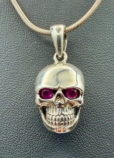 Sterling Silver Skull Pendant with Ruby Red Eyes — 20" Snake Chain