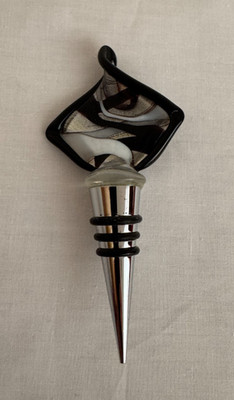 Murano Style Glass Wine Bottle Stopper Black Silver White Diamond Spiral  NEW