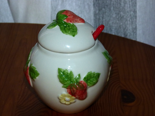 Strawberry Breakfast Jam Pot with red spoon.ceramic ideal for your kitchen table - Picture 3 of 4