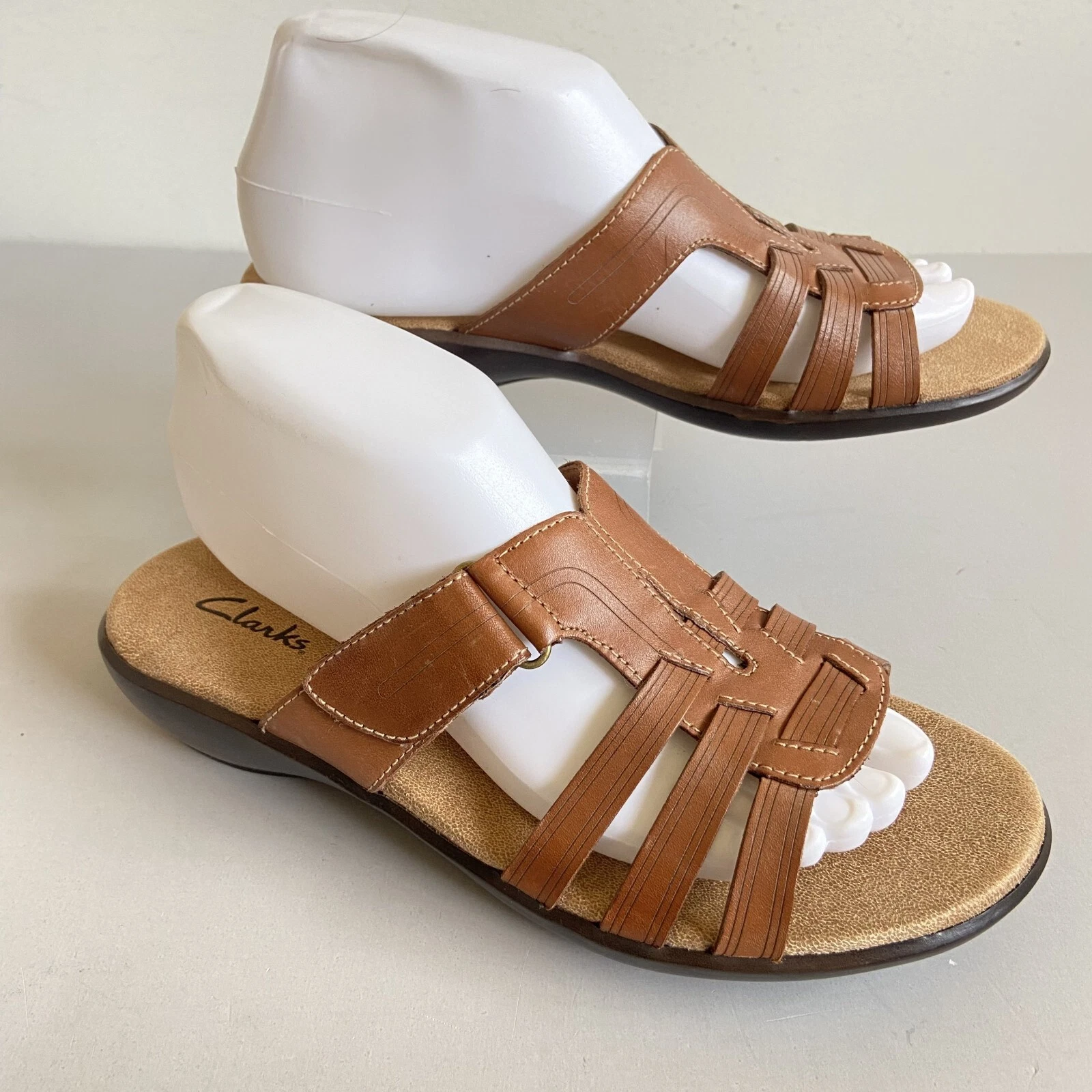 CLARKS sandali donna taglia 8 slip on slide pelle marrone zeppa bassa cinturino