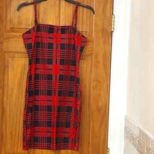 NWOT  Red And Black Plaid Bodycon Mini Dress With Spaghetti Strap, Size M