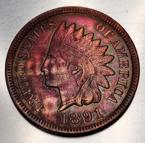 1891 Indian Head Cent Penny Unc RAINBOW TONED