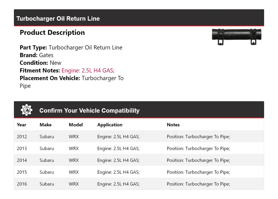 Turbocompresor línea de retorno de aceite para Subaru WRX 2012-2016 turbocompresor a puertas de tubería Foto 2 de 4