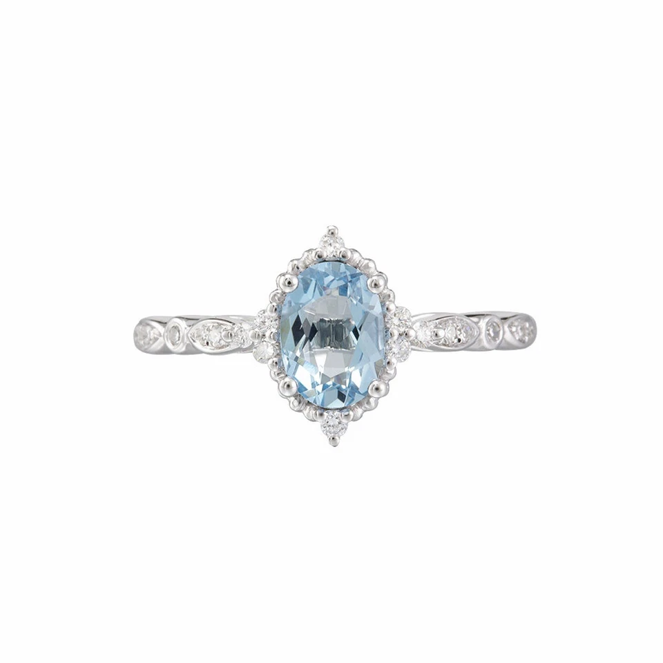 Anillo de compromiso vintage de plata chapado en oro rosa de 14 quilates aguamarina natural corte ovalado Foto 2 de 4