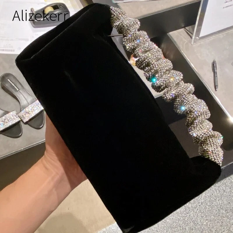 Rhinestones Black Velvet Handbag Women Clutch Bags Designer High