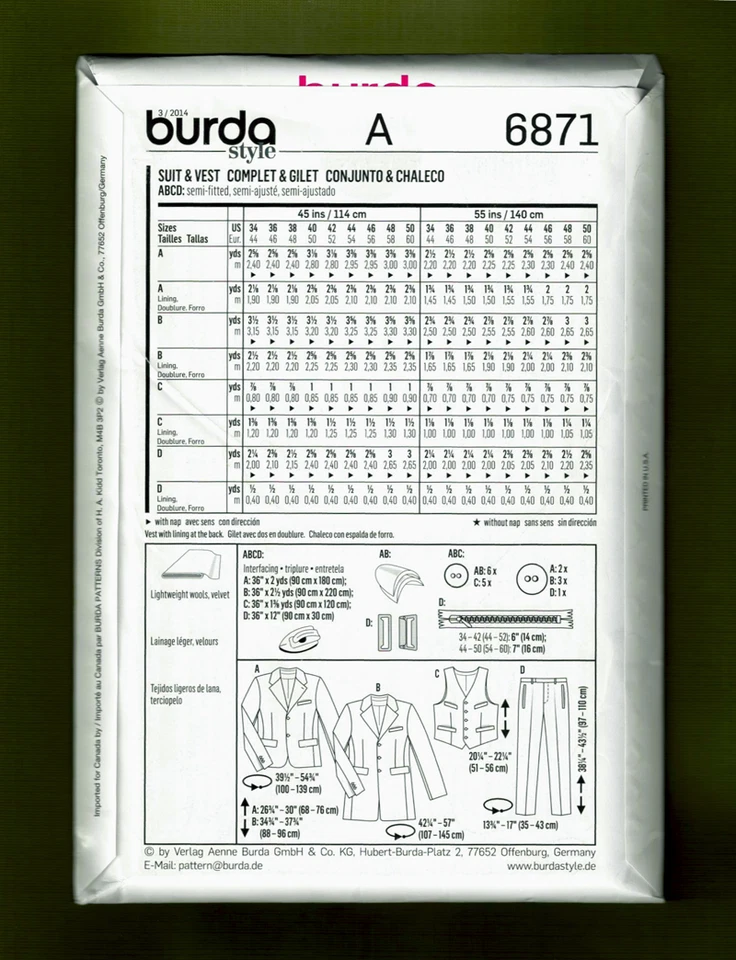 Men's Classic 3 Piece Suit Sewing Pattern~Jacket Vest Pants (34-50) Burda 6871 - Image 3 of 4