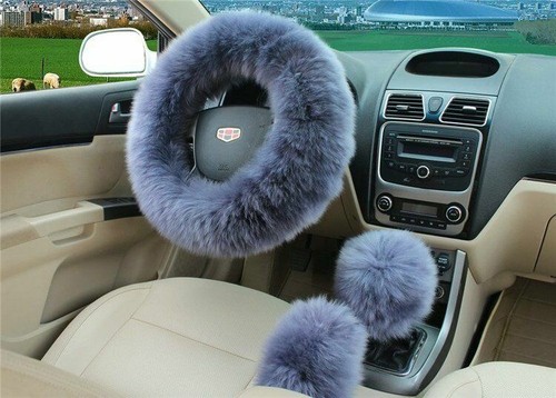 5pcs Car Accessories; 1 Set Faux Wool Steering Wheel Cover Soft Fluffy Handbrake Cover (Blue)