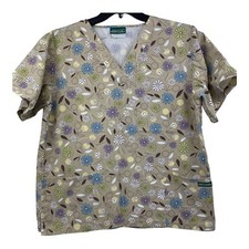 UA Scrubs Scrub Top Womans Medium Beige With Flowers Has Pockets Ladies