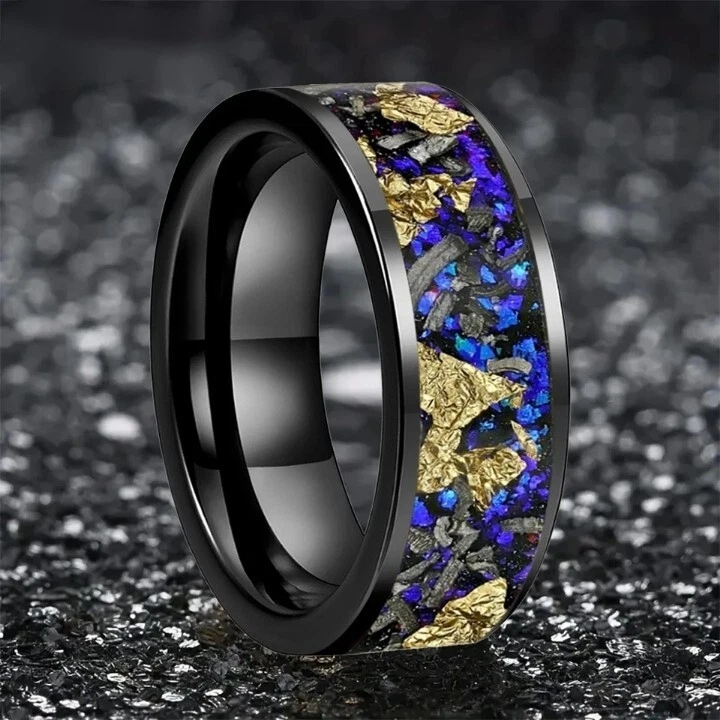 8MM Blue Sandstone Meteorite Gold Leaf Inlay Tungsten Carbide Ring for Men Women - Image 3 of 4