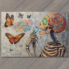 Art Print Colorful Skeleton Blowing Bubble Butterfly Psychedelic Surreal Emo
