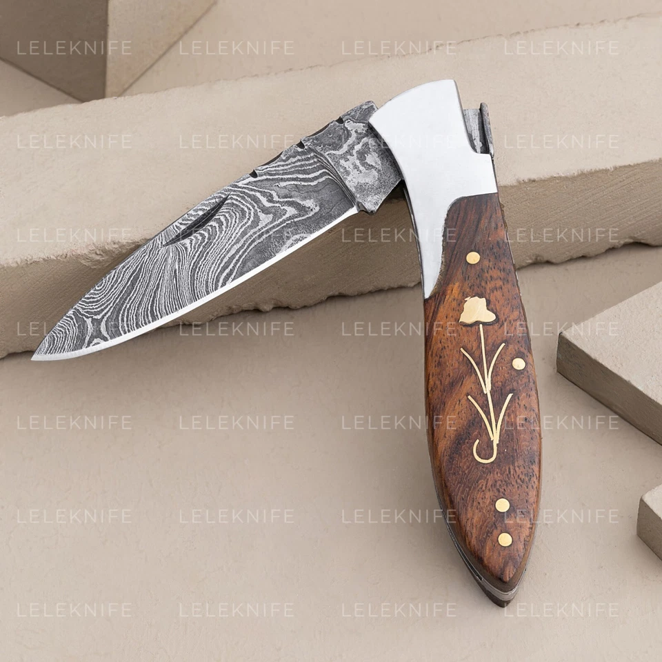 Damascus handmade  Folding Pocket knife camping Rosewood handle with brass work - Image 2 of 2