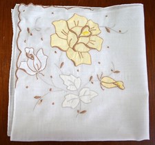 VINTAGE HANKIE MADEIRA HAND EMBROIDERED BROWNS YELLOWS APPLIQUE ROSES HAND ROLL