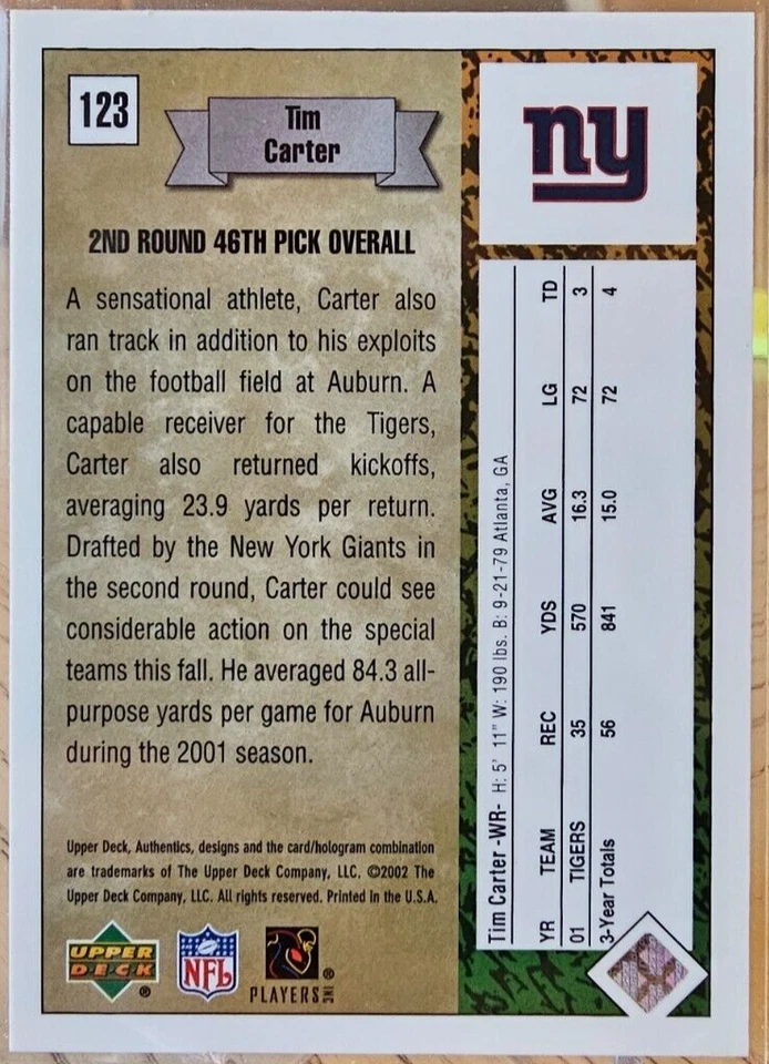 2002 UD Authentics /1000 Tim Carter #123 Rookie RC New York Giants - Image 2 of 2
