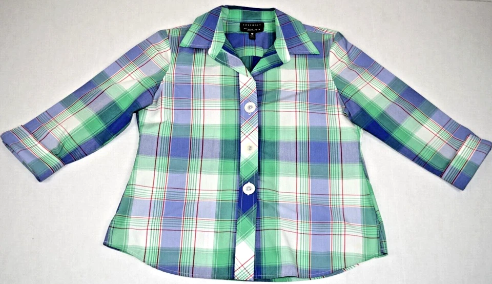 Vintage Plaid Shirt Foxcroft Size S/M 90s Purple Green Pink Big Buttons Collar - Image 2 of 4