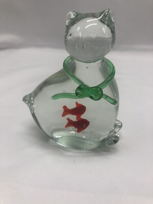 Clear Art Glass Cat Paperweight/Figurine With Red Fish Inside The Center 