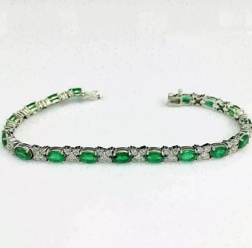 12CT Oval Cut Emerald Lab-Created Women's Tennis Bracelet 14K White Gold Plated - Picture 5 of 10