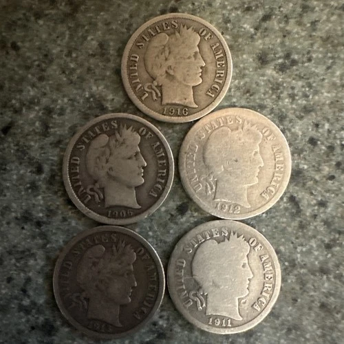 Lot Of 5 Barber Dimes 90% Silver