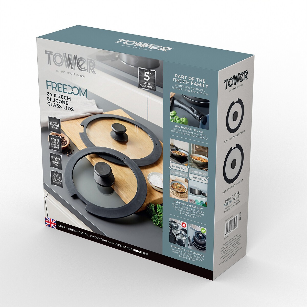 Tower Freedom Glass Lids with Silicone Edges, 24cm/28cm, 2 Piece, Black T800206