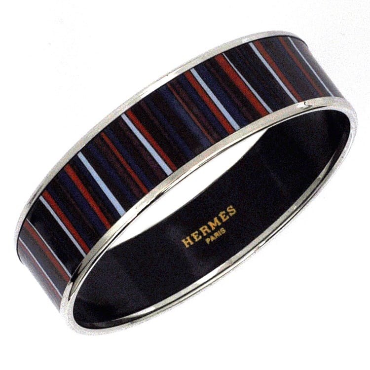 Hermes GM Silver Navy Bordeaux Enamel Metal Bangle Bracelet  