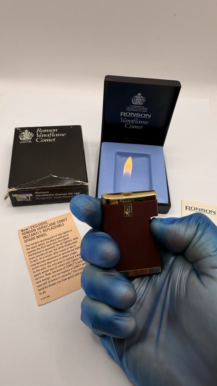Vintage Ronson Varaflame Comet Burgundy Gold Plated Lighter,