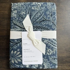 POTTERY BARN MERRIT PAISLEY PILLOW SHAM, (1) EURO BLUE FLORAL COTTON PERCALE 26"