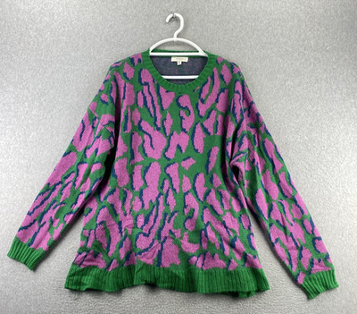 Umgee Plus XL Green Purple Abstract Knit Sweater Long Sleeve Crewneck Womens