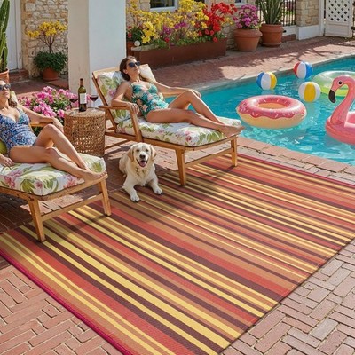Outdoor Plastic Straw Rug Waterproof Patio 5x8 Red Orange Stripe Mat for Porc...